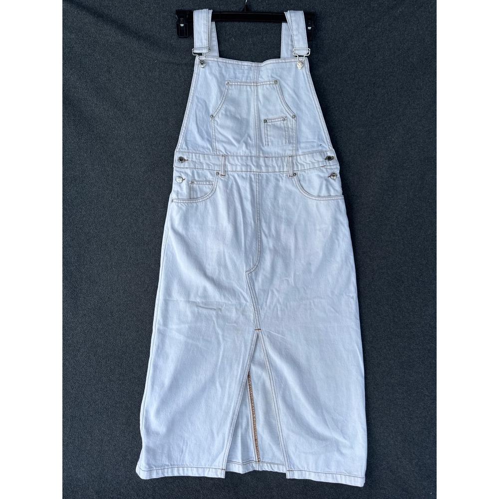 Zara White Denim Midi Overall Dress Pinafore Front Slit Contrast Stitch Large